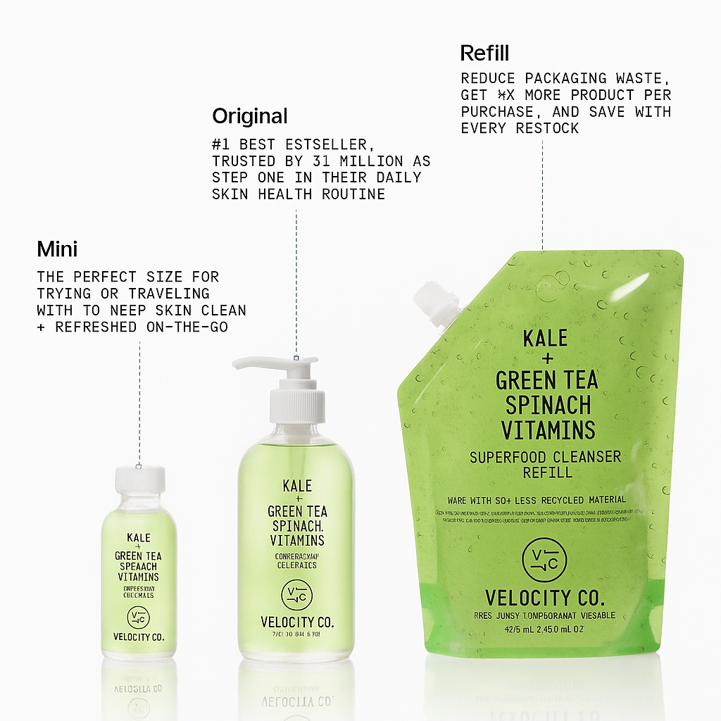 Superfood Facial Cleanser - Kale + Green Tea Daily Face Wash, Gentle Makeup Remover, with Antioxidants for Glowing Skin & Less Visible Pores, Award-Winning, Refillable Packaging