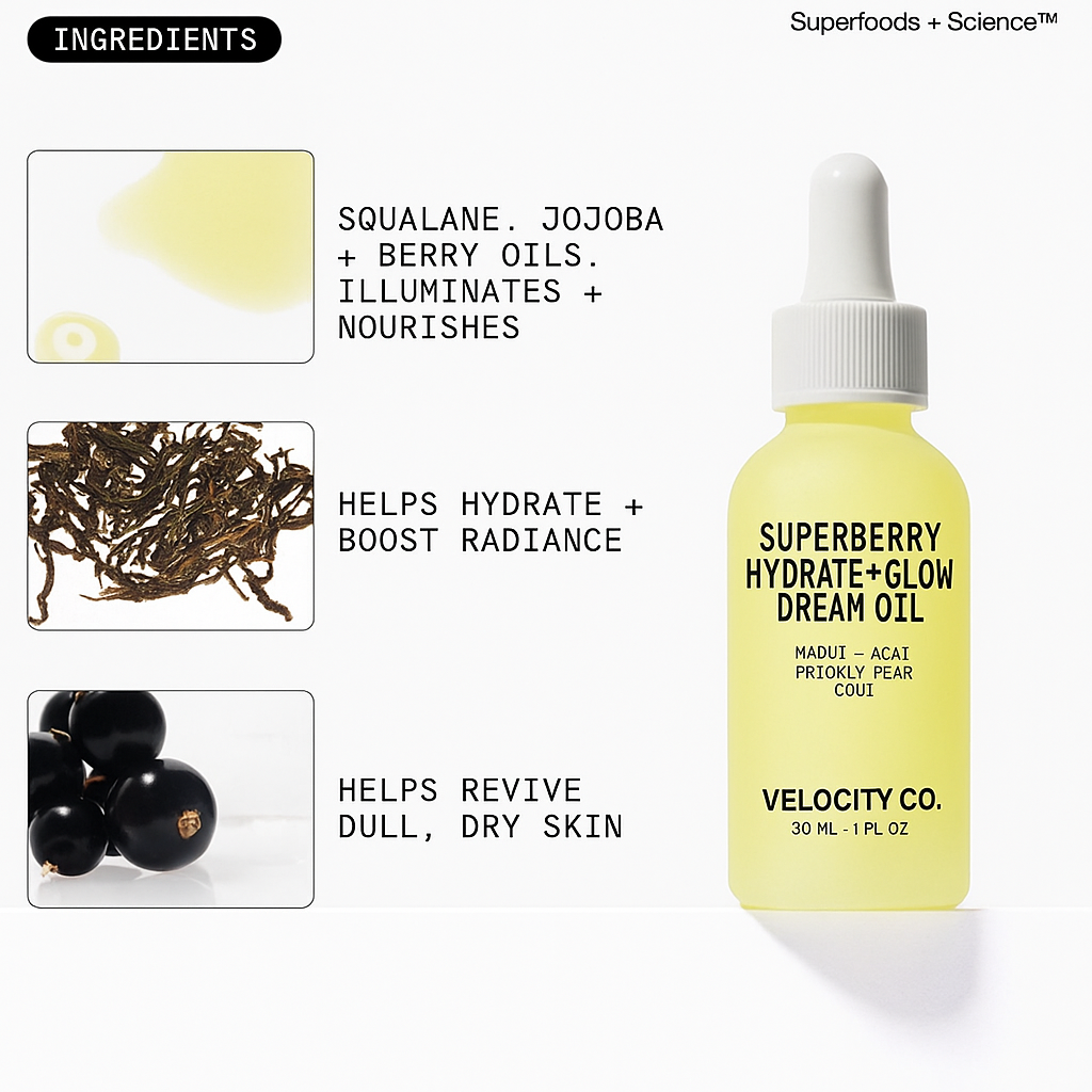 Superberry Hydrate + Glow Dream Face Oil (1 Fl Oz), Revives Dull + Dry Skin, Boosts Radiance, Squalane, Omega Oils, Vegan