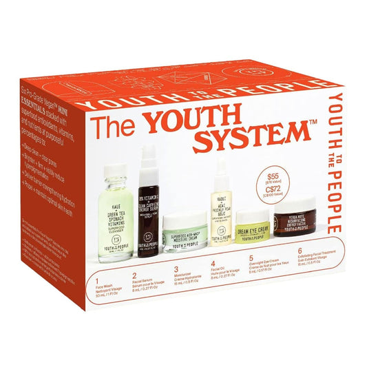 Youth System Set, 6-Pc Superfood Antioxidant Skincare Giftset, Mini Travel Cleanser, Dewy Face Oil, Hydrating Moisturizer, Brightening Serum, Exfoliating Facial Mask, and Eye Cream