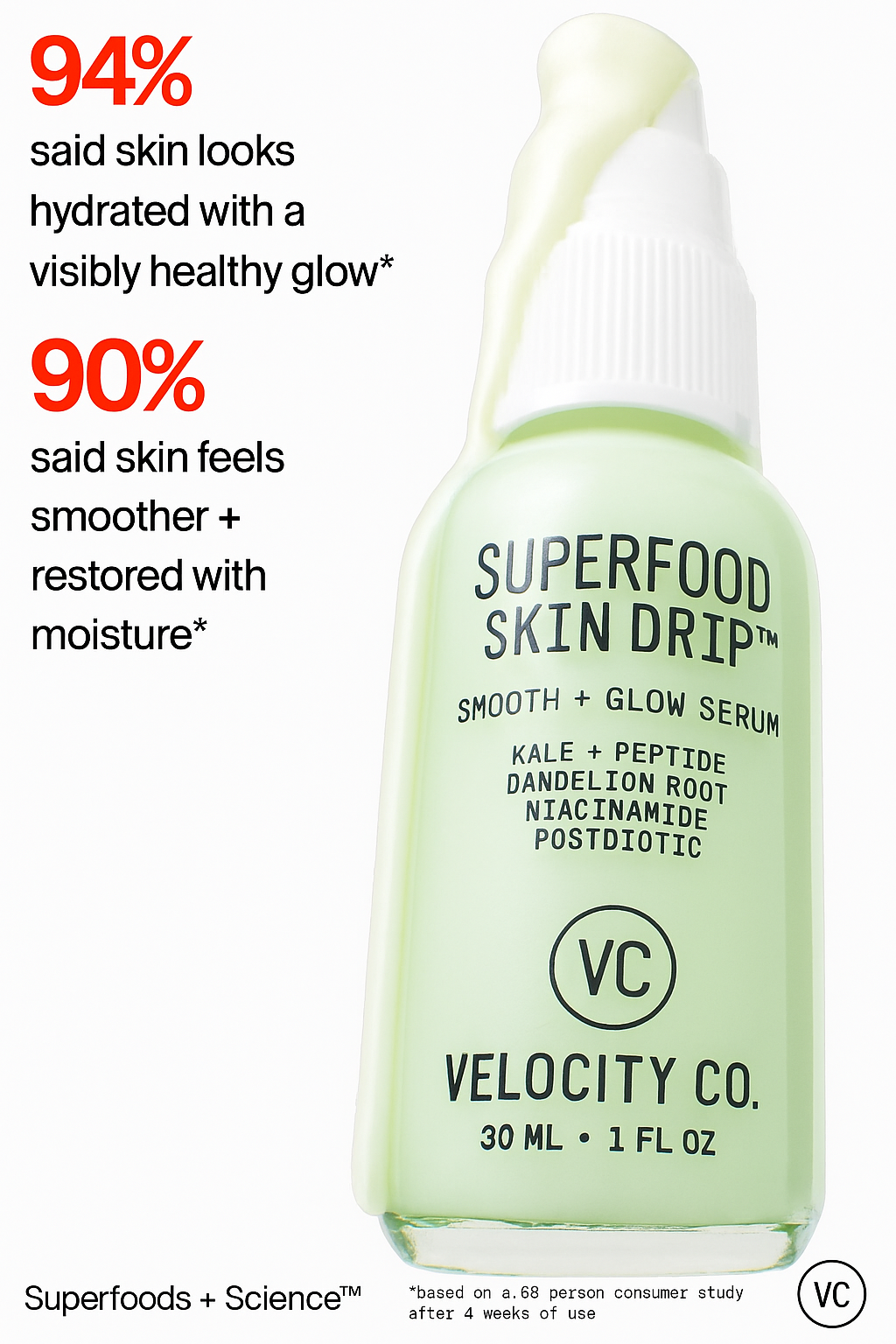 Superfood Skin Drip Face Serum (1 Fl Oz), Strengthens Skin Barrier + Evens Skin Tone, 5% Niacinamide, Kale, Peptides, Ceramides, Boosts Glow, Vegan