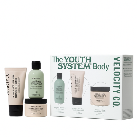 the Youth System Body Care Set, 3-Pc Travel Giftset for Glowing Skin All Over, with Superfood + Niacinamide Cleanser, Smoothing Exfoliant Scrub, and Ultra-Luxe Body Butter